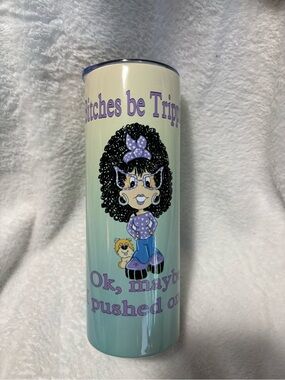 Graphic Travel Tumbler - Purple & Mint Cartoon Design